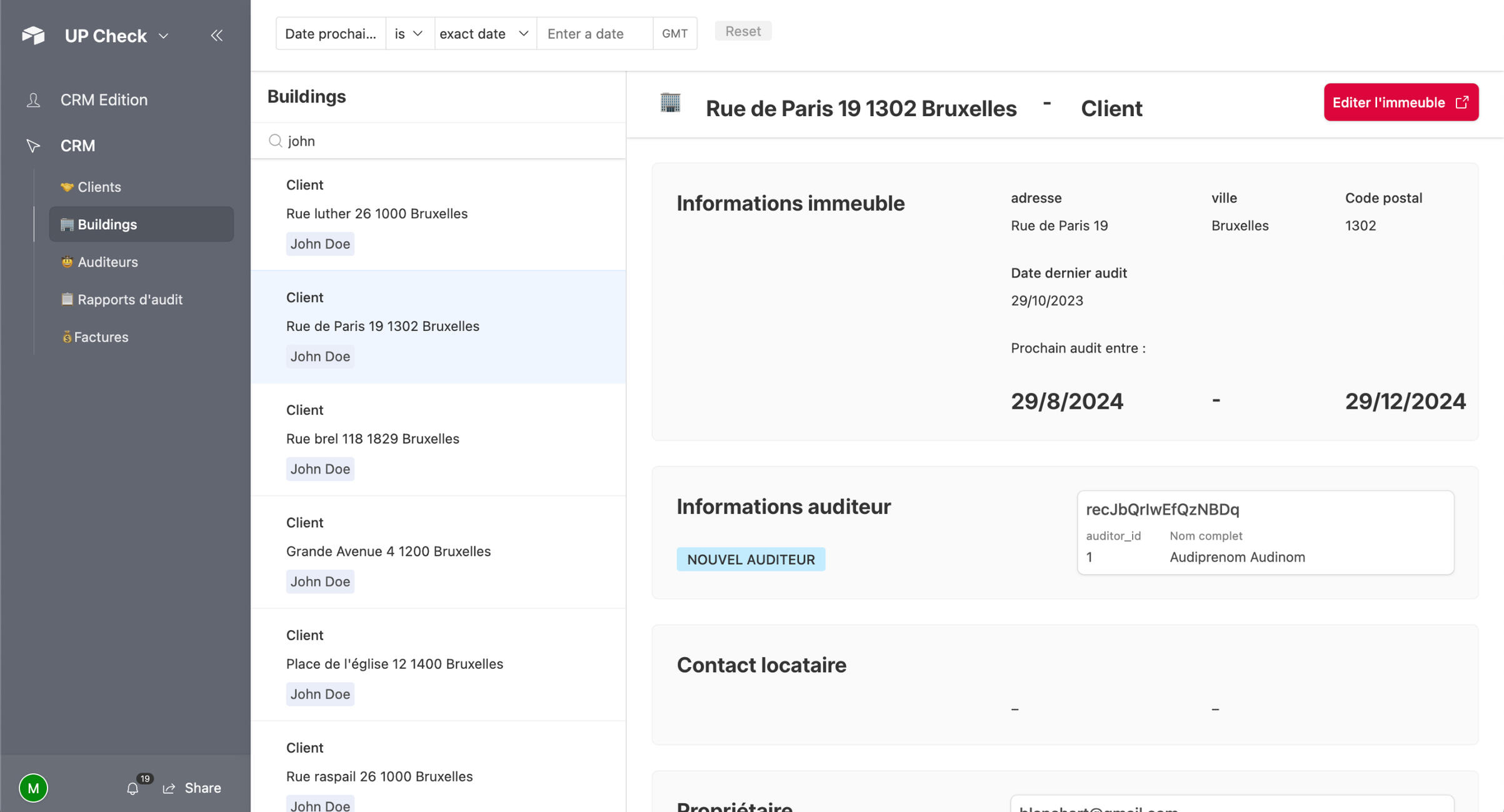 Capture d'écran du CRM up-check